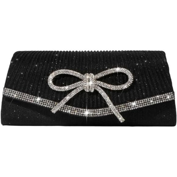 Handbags - Bow Evening Bag Sparkly Clutch Purses for Women Wedding Glitter Rhinestone black